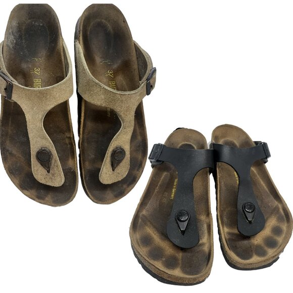 2 PAIR BIRKENSTOCK GIZEH SANDALS SZ 37 BLACK & TAUPE LEATHER SUEDE MADE GERMANY - Picture 1 of 16